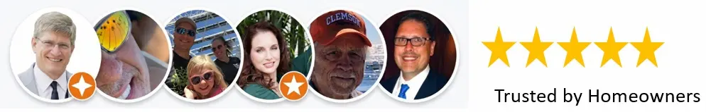 Customer review collage showing six diverse homeowners with a five-star rating and 'Trusted by Homeowners' text