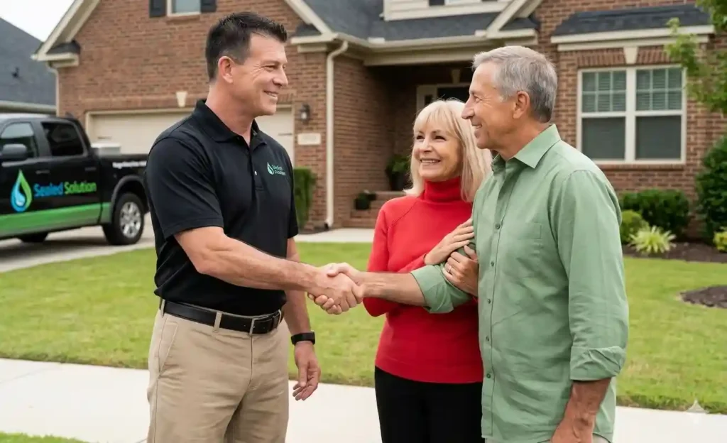 Owner Matt Garrett of Sealed Solution shaking hands with homeowner before crawlspace inspection