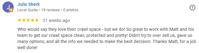 Sealed Solution 5-Star review stating that I educated a great deal and then gave options from low to high and all options are maintenance free and will stay dry