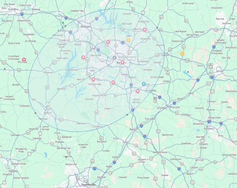 Picture of Google Maps centered in Raleigh and showing surrounding areas showing a circle in the middle of sealed solution's typical coverage area