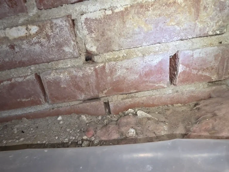 Interior view of foundation weep holes without mortar, an outdated building practice designed to relieve hydrostatic pressure that now causes crawl space water intrusion and mold growth in older homes