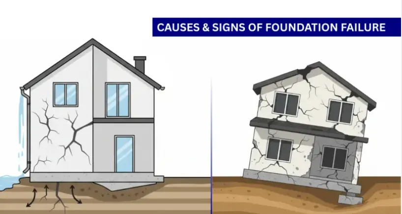 Visualizing the risks of foundation settling: on the left, moisture-induced ground shifting causes door frames to crack and doors to stick. On the right, excessive groundwater has compromised the footer, causing the home to sink into compressible, saturated soil