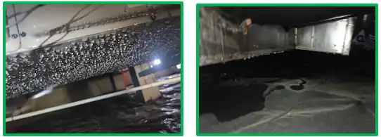 Crawl space HVAC unit showing heavy condensation on the underside and a large standing water puddle on the ground in a North Carolina home