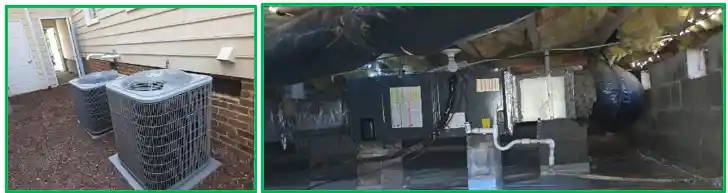Split-system HVAC components in a North Carolina home: the evaporator coil (cooling) and the air handler unit (blower fan)
